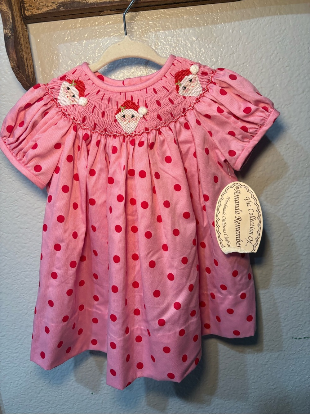 Amanda Remembered Girls Smocked Dress Handmade Santa Christmas Size 6 Months NWT